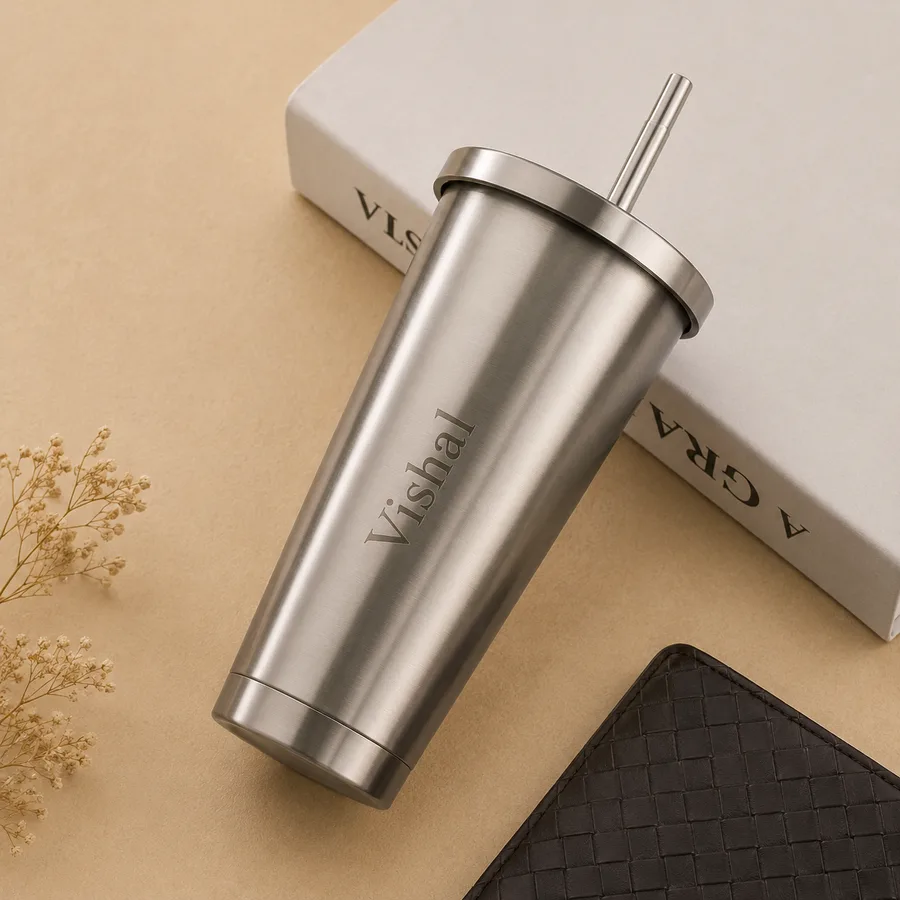Stainless steel tumbler with straw and name engraving